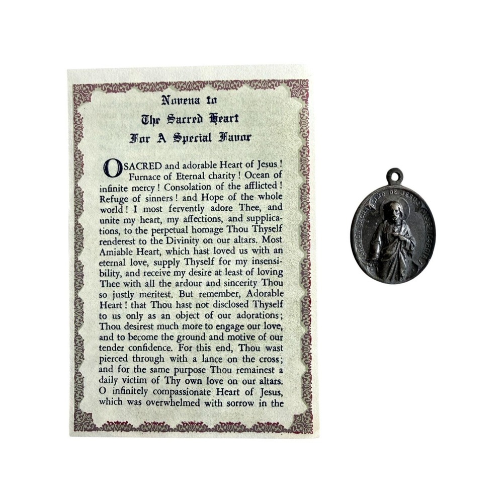 Vintage Dimensional Medal Sacred Heart of Jesus Our Lady Guadalupe Novena Card